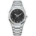 Men's business casual quartz watch with stainless steel band showing 10mm thickness and professional dial