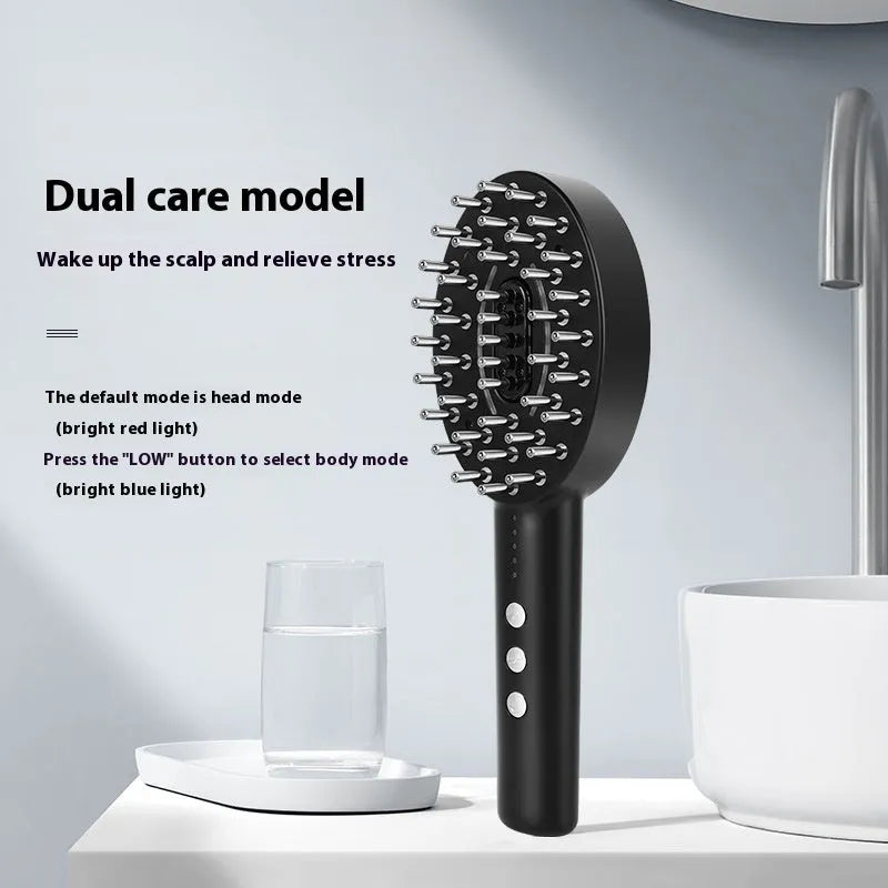 KD3802 Black scalp massage device with host unit and charging cable on a white background
