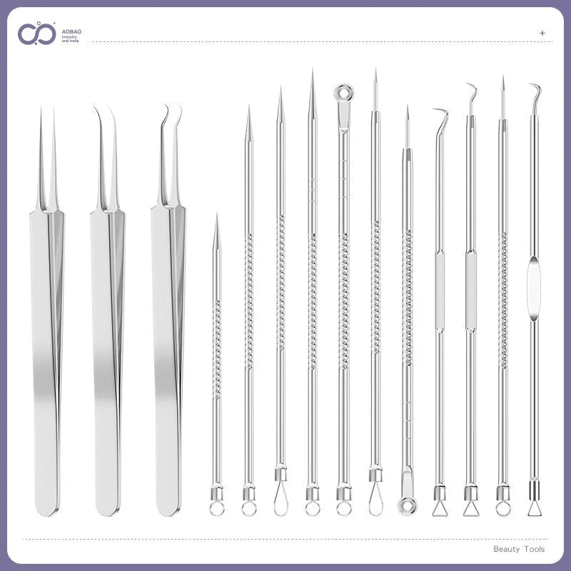 Four metal acne needles with ultra fine points stored in a black plastic clip.