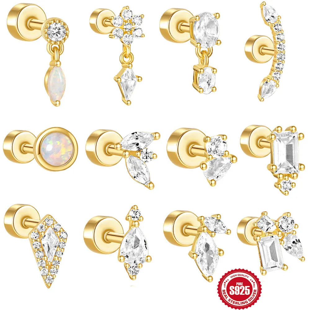 S925 sterling silver geometric flat column thread ear bone studs in a gold electroplated finish.