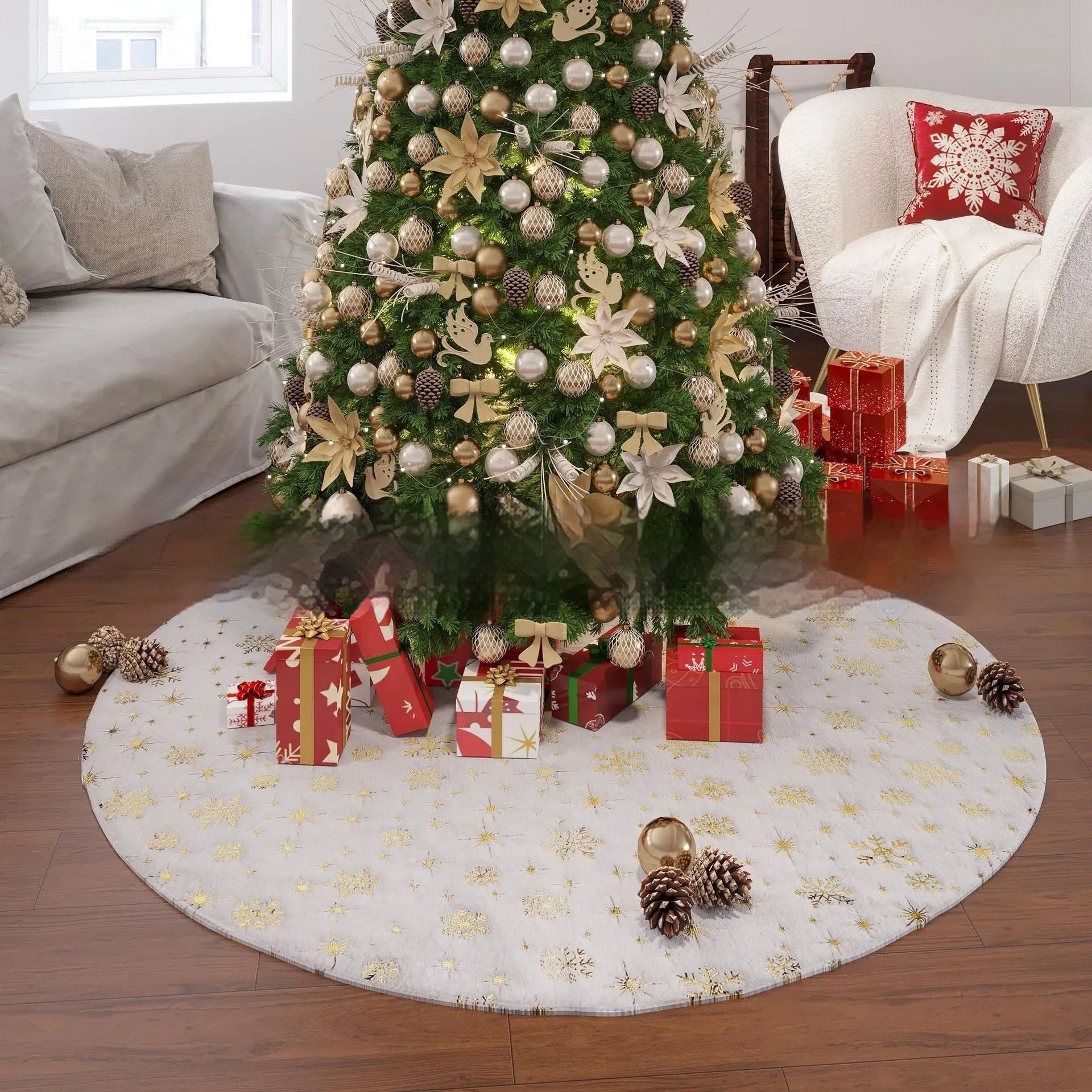 Plush Christmas tree mat with snowflake design in seasonal red and green colours