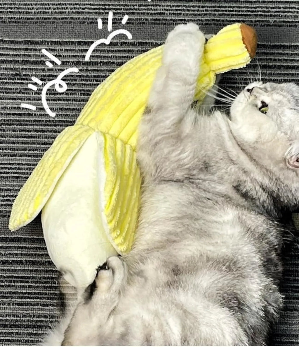 Yellow banana-shaped cat crinkle toy measuring 13 inches long with plush material