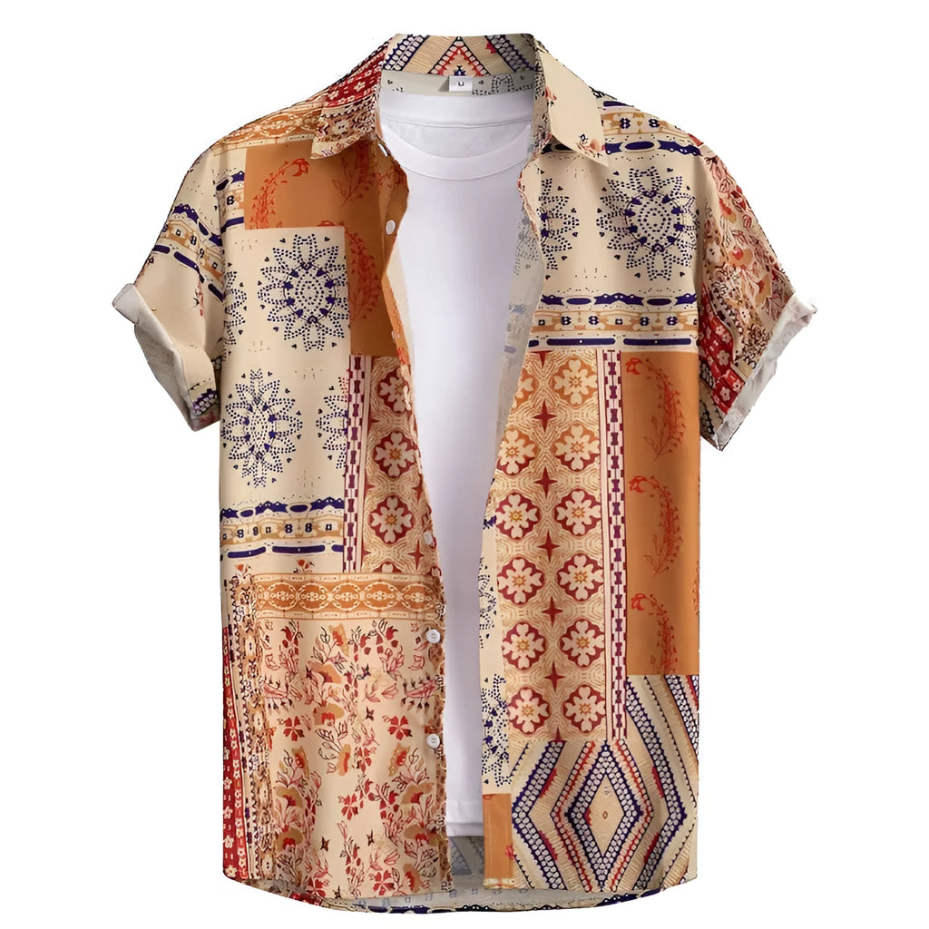 Man wearing a slim fit, short sleeve Hawaiian shirt with a vibrant digital print pattern