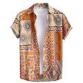 Man wearing a slim fit, short sleeve Hawaiian shirt with a vibrant digital print pattern