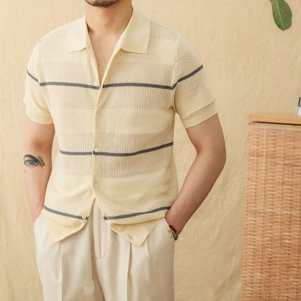 Casual lapel cardigan in thin cotton linen fabric with short sleeves in camel colour