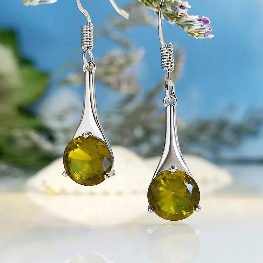 Olive green topaz coloured drop earrings with water drop shape and electroplated finish