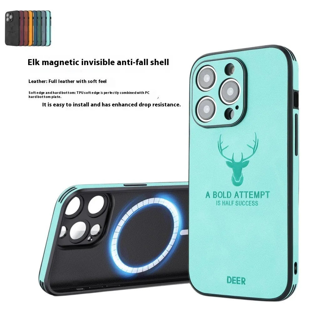 iPhone 16 imitation leather phone case with 3D embossed moose head print design
