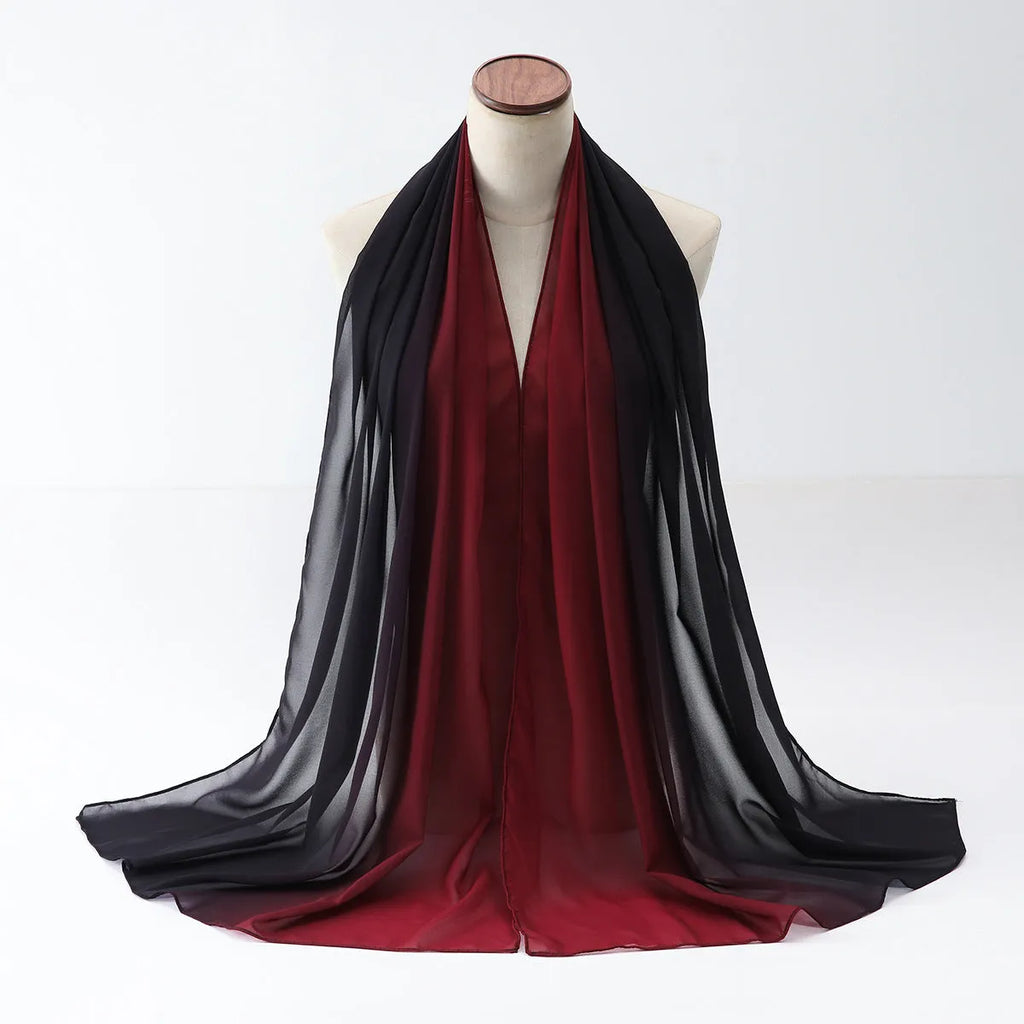 Long chiffon scarf draped showing lightweight fabric texture and length with ethnic pu long design
