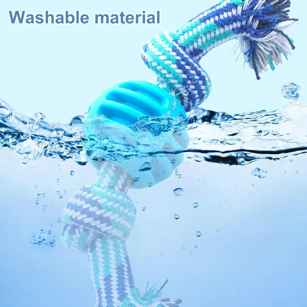 Blue dog chew toy with rope elements for dental cleaning and oral health