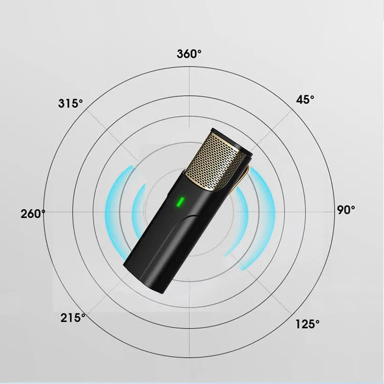 Black wireless lavalier microphone and receiver for mobile phones and cameras with Type-C cable.