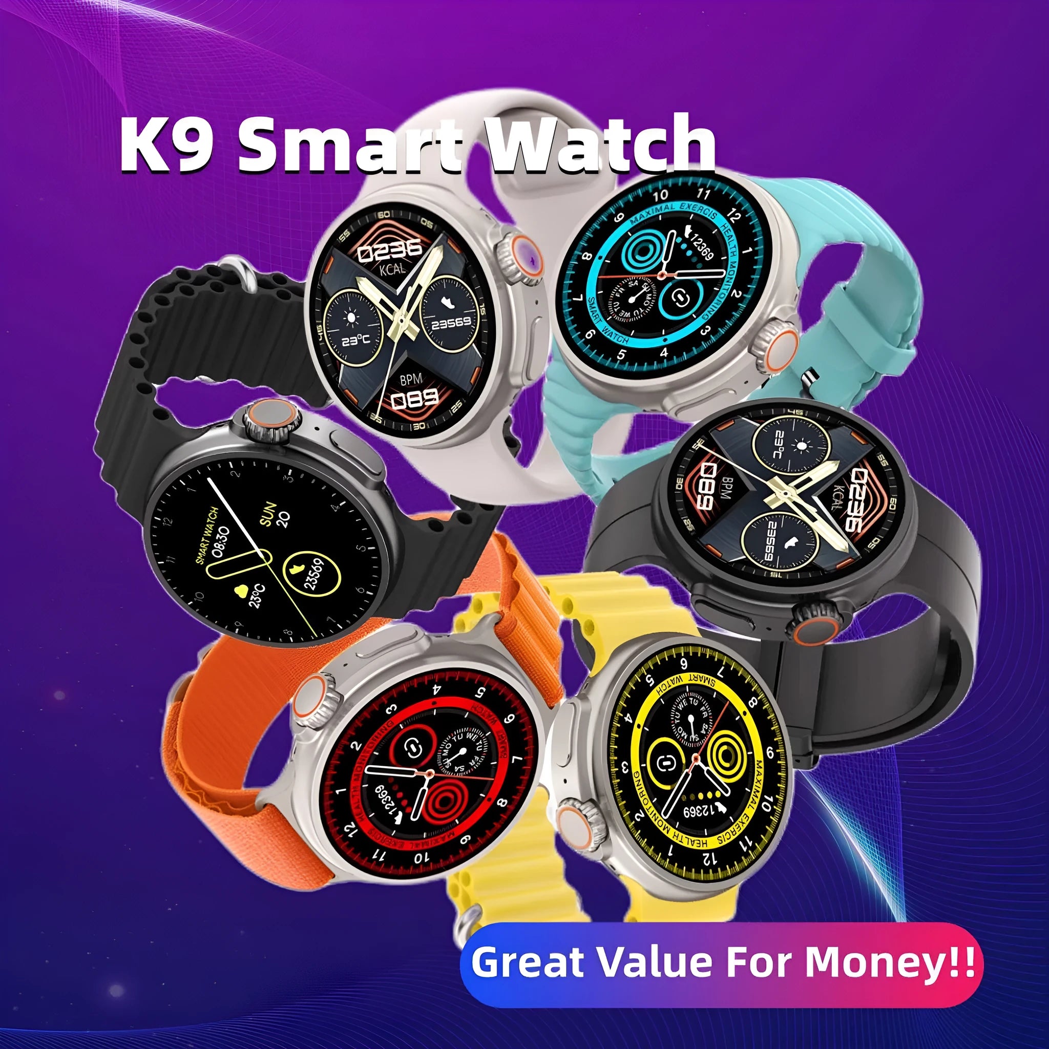K9 smart watch with 1.39 inch round screen and silicone strap showing interface with health metrics
