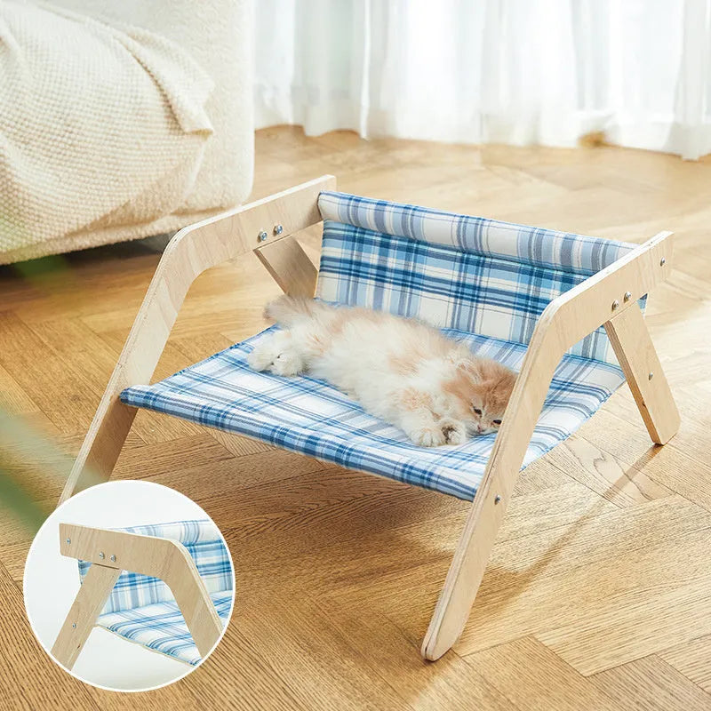 Wooden frame elevated cat bed hammock with soft cloth pad in blue colour