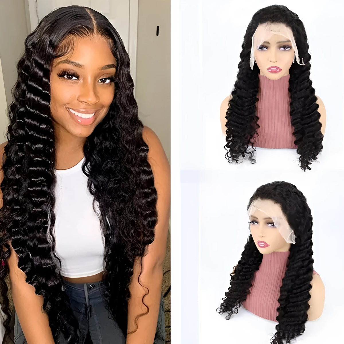 Solid colour half lace front human hair wig on a stand, showing long length options.