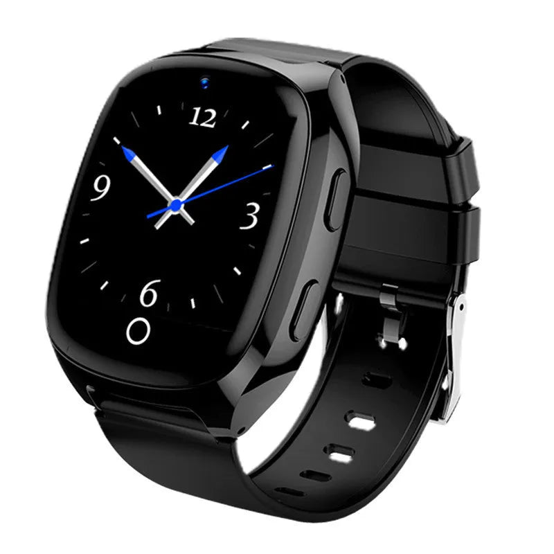 Black GPS smartwatch for kids with a 1.54-inch touchscreen on a wrist, showing SOS button.