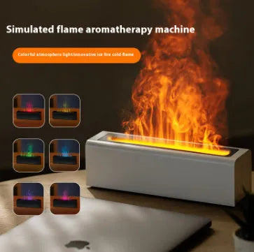 Square USB aroma diffuser with colourful flame simulation effect and 0.5L water tank