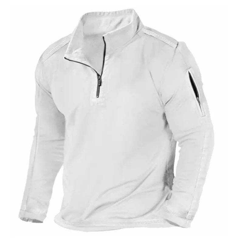 Men's dark coloured zip-up sweater with a stand collar and long sleeves laid flat.