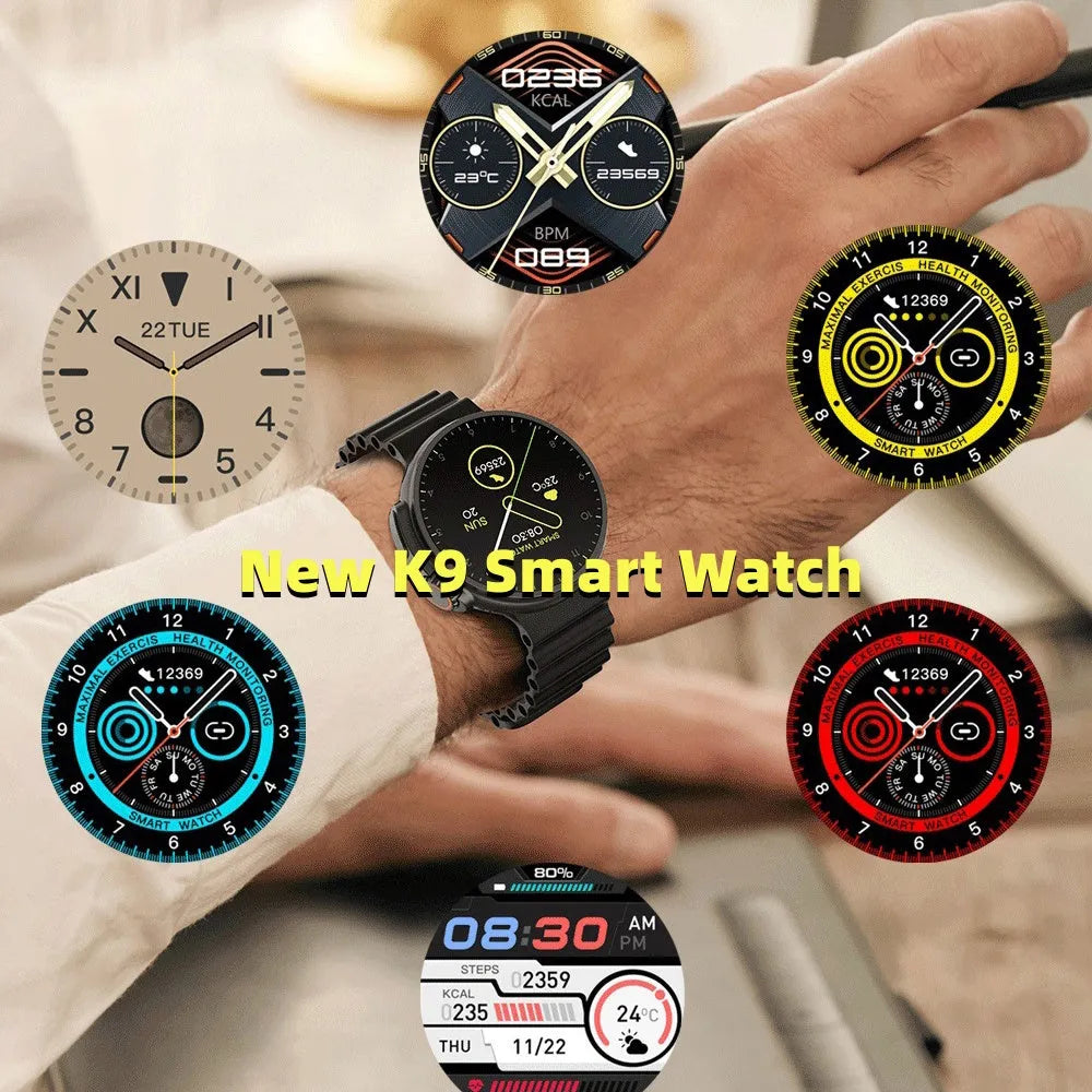 K9 smart watch with 1.39 inch round screen and silicone strap showing interface with health metrics