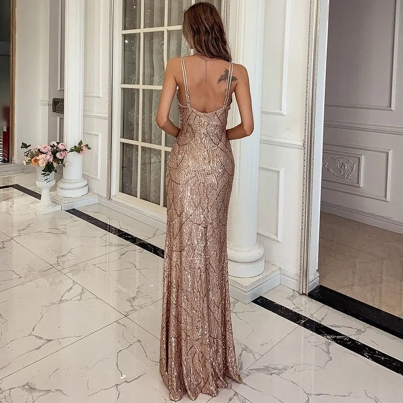 Women's V neck sequin spaghetti strap maxi dress in gold, wine red or black, sizes S to XL.