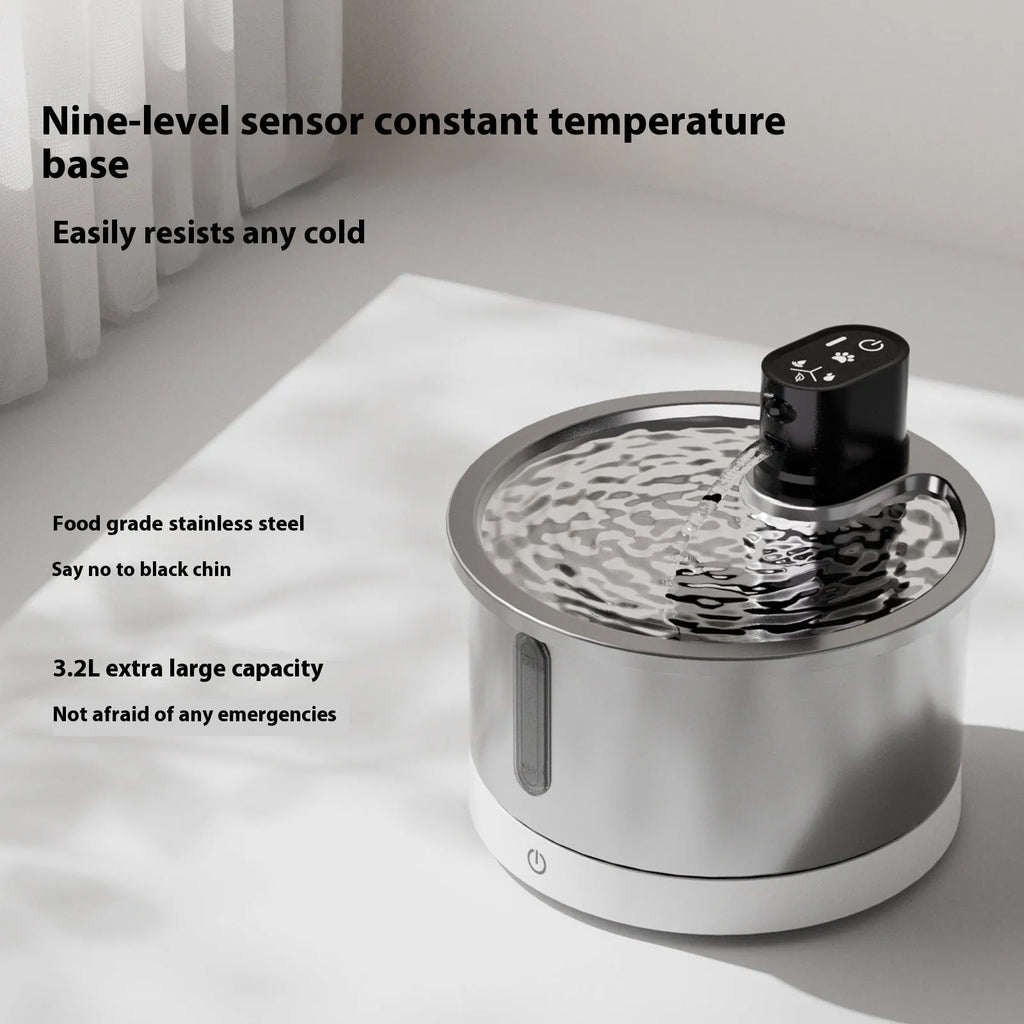 Black stainless steel pet water fountain with digital temperature display on base.