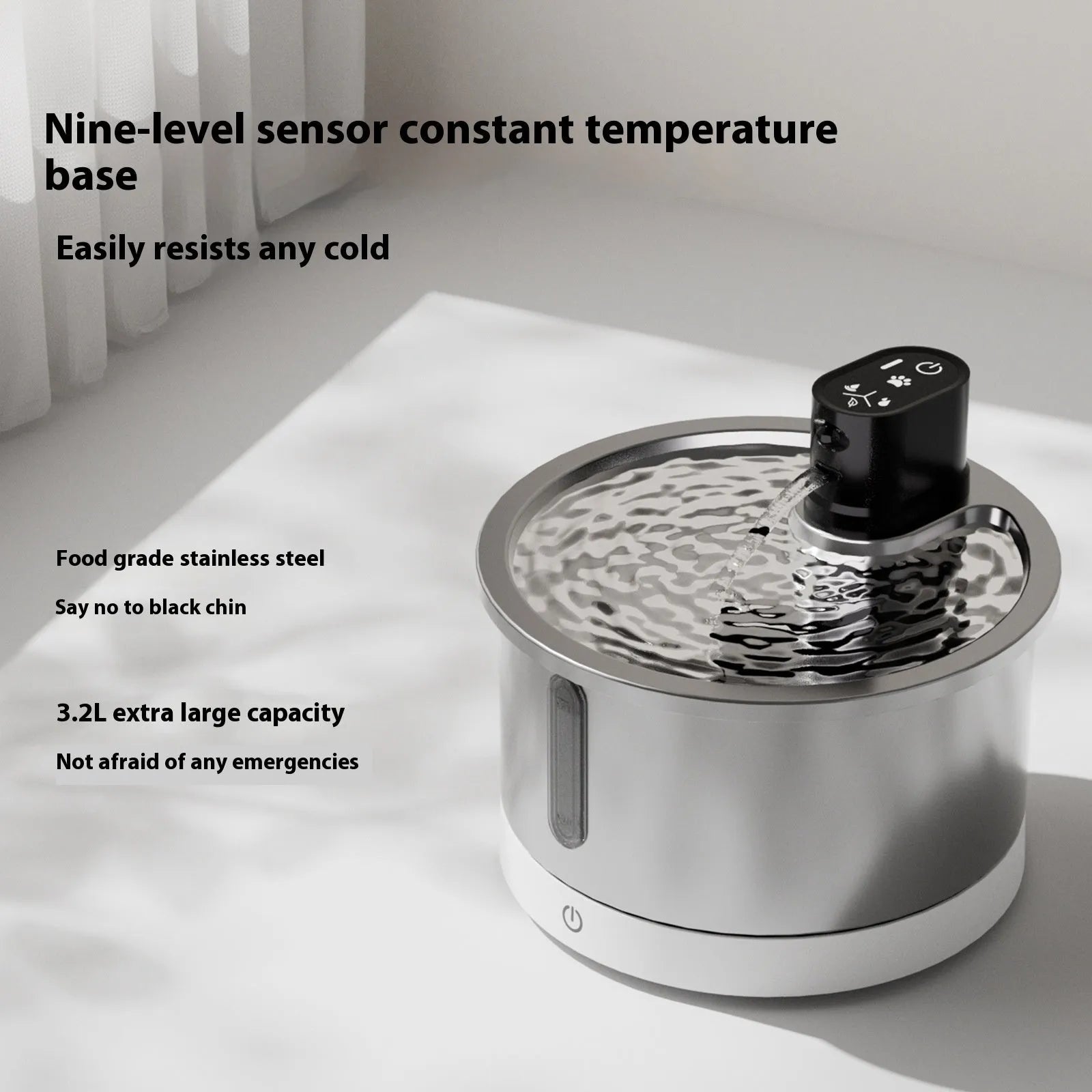 Black stainless steel pet water fountain with digital temperature display on base.