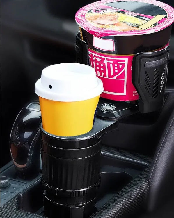 Carbon fibre black adjustable car cup holder with retractable base expanded to show size adjustment