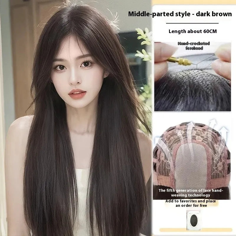 Forehead lace long straight full-head wig with side bangs in high temperature fibre material