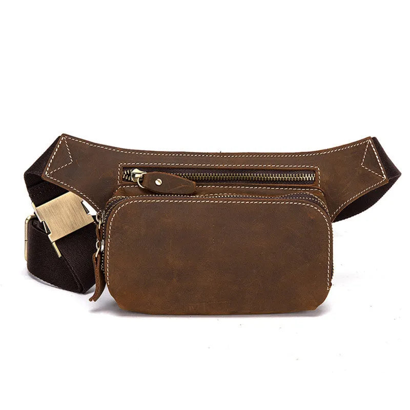 Brown top layer cowhide men's sports waist bag with pull closure
