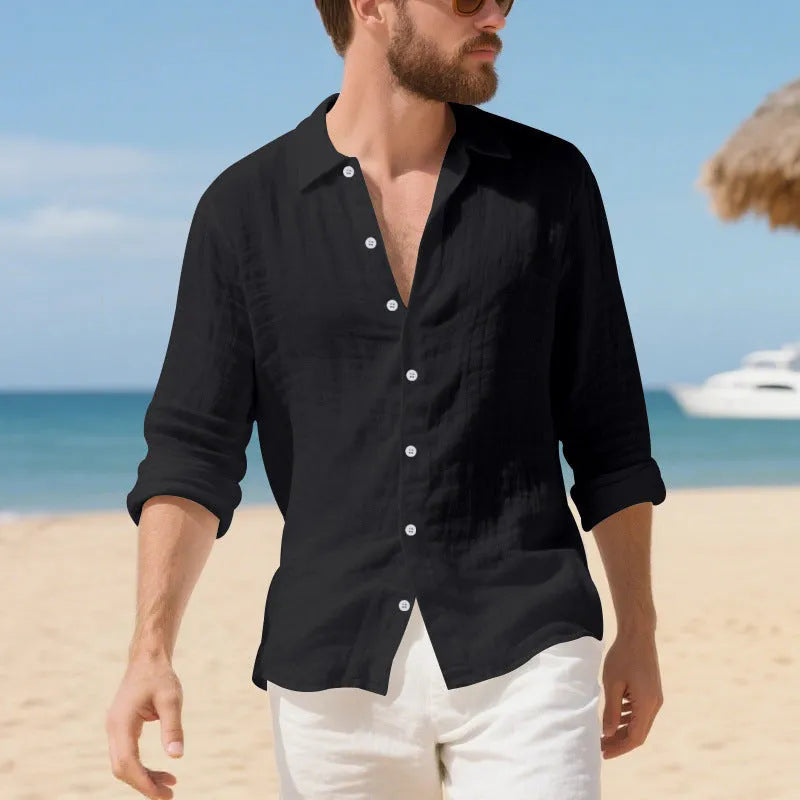 Men's loose-fit linen casual shirt in Army Green colour with non-ironing construction