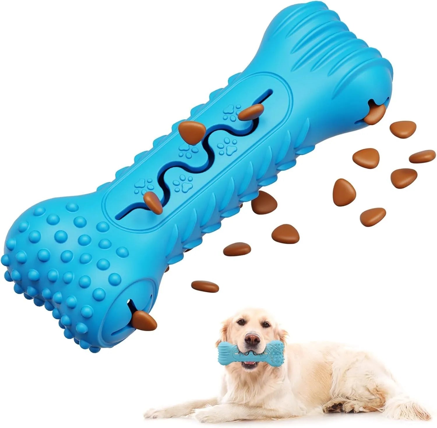 Blue natural rubber bone-shaped dog chew toy on a white background