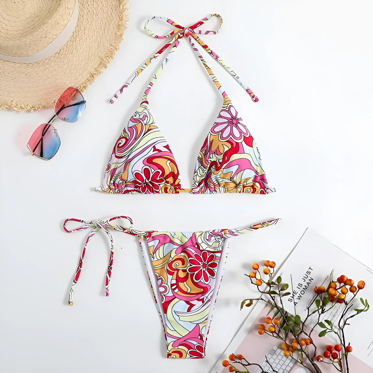 Women's triangle bikini with multicolour print and hanging neck design in separate swimwear system