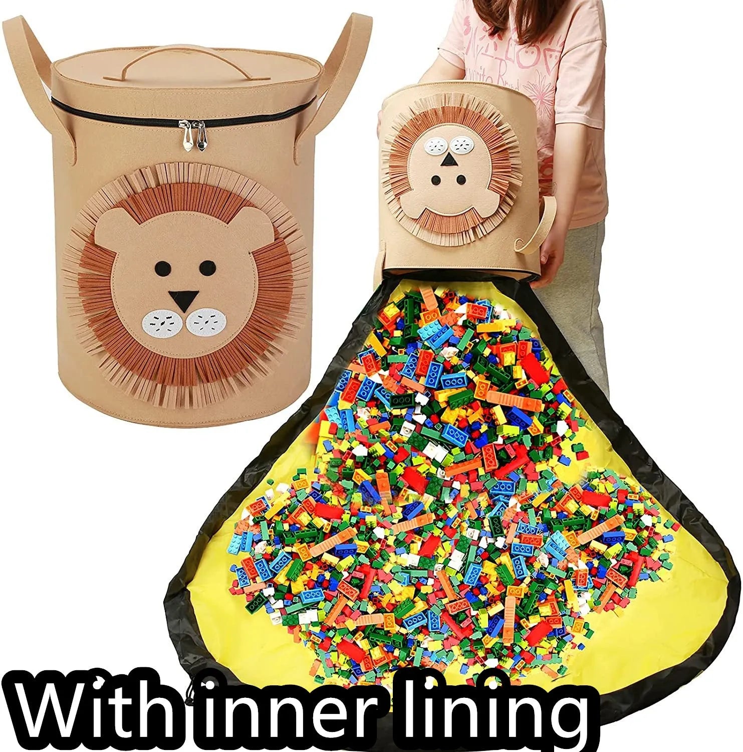 Green felt cube storage bag with pull rope, laid flat as a play mat