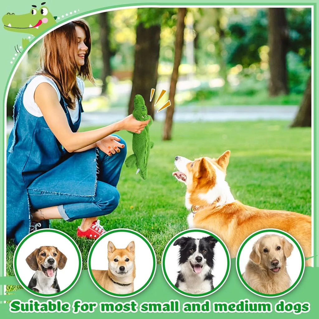 Green crocodile-shaped plush dog chew toy with no stuffing for aggressive chewers