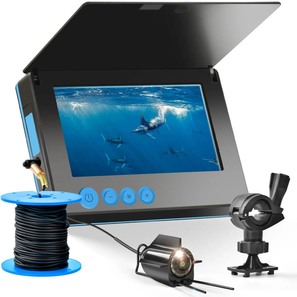 Underwater fish finder camera with 4.3-inch IPS screen, wide-angle lens, and night vision lights on a fishing boat.