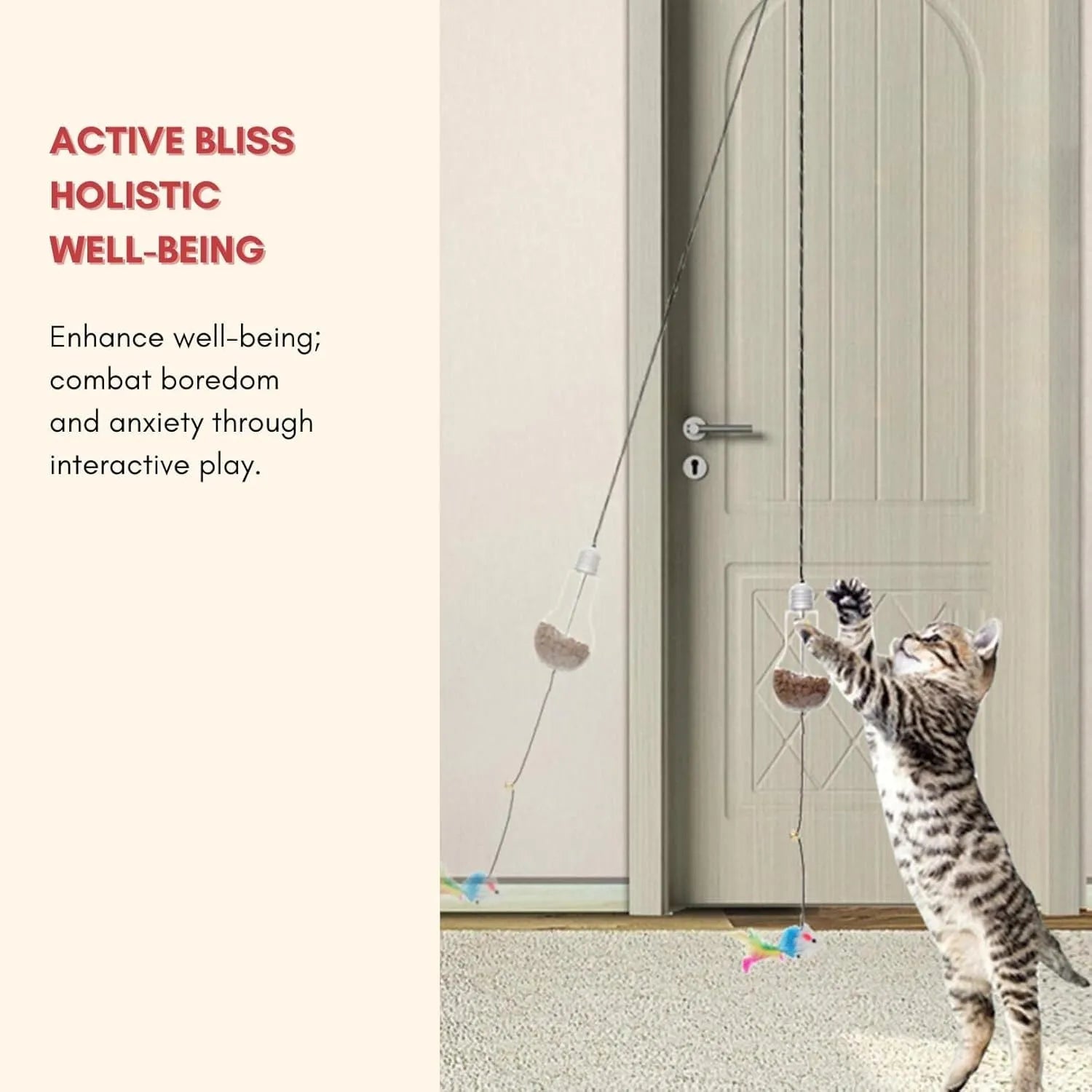 Retractable cat teaser toy hanging on door frame with dangling mouse toy and treat reward bulb