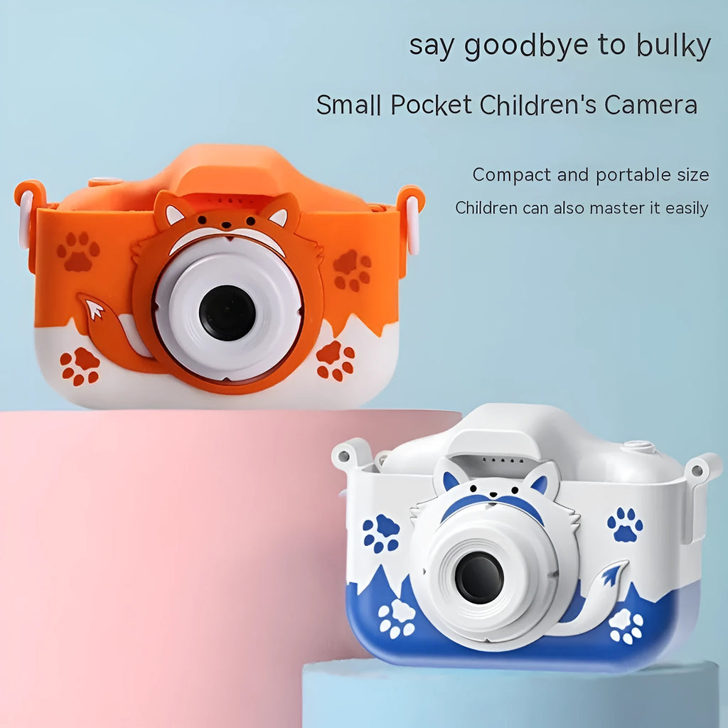 HD cartoon children's digital camera in blue colour with compact ABS plastic body and included lanyard