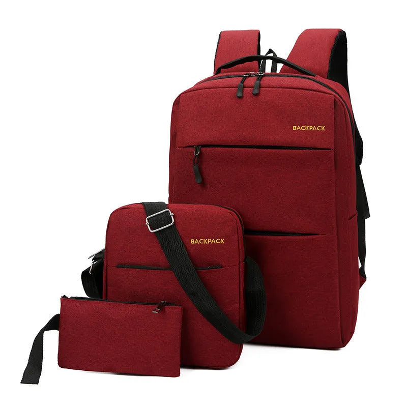 Men's USB charging computer bag three-piece set in navy blue with multiple compartments and anti-theft features