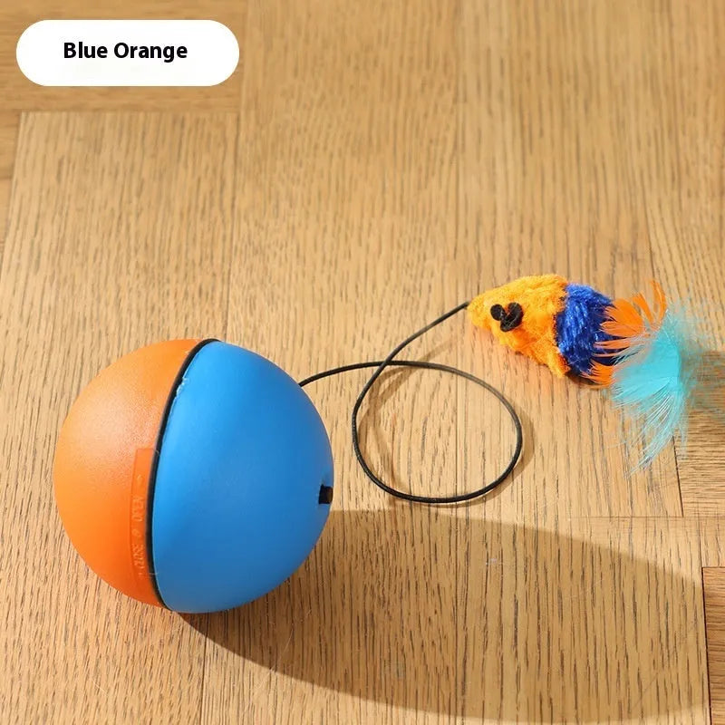 Automatic cat teasing ball toy with plush mouse attachment showing blue orange colour option
