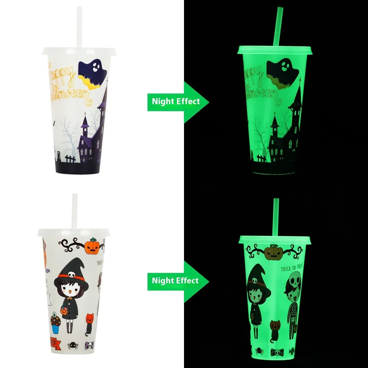 720ml Halloween luminous plastic sippy straw cup with PP construction and 6 colour options
