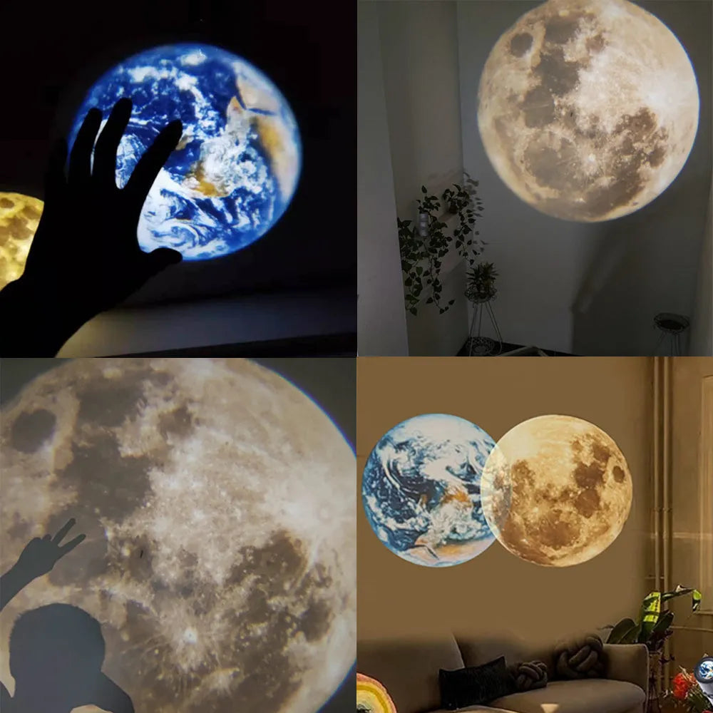 Earth and moon projection lamp with adjustable hose bracket on USB cable