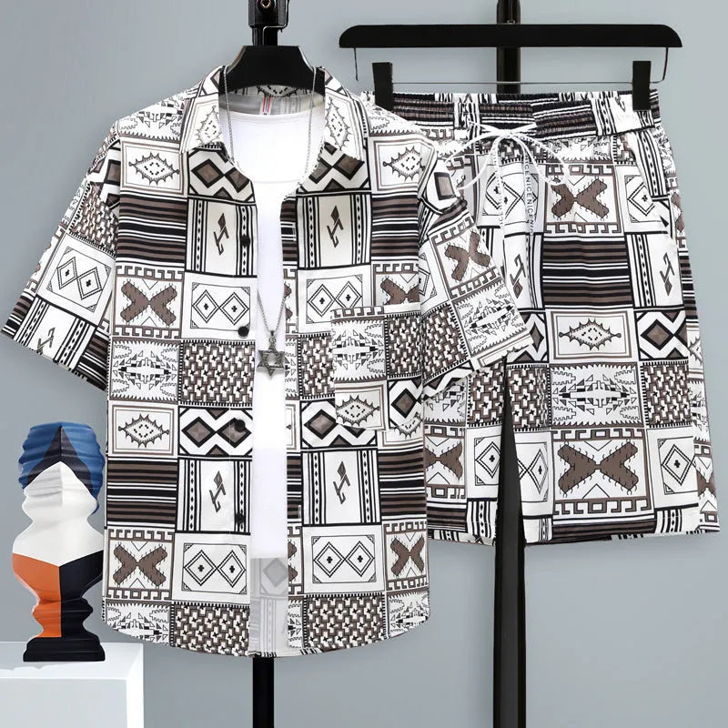 Men's casual sports two-piece set featuring a short sleeve top and matching shorts in a colour swatch.