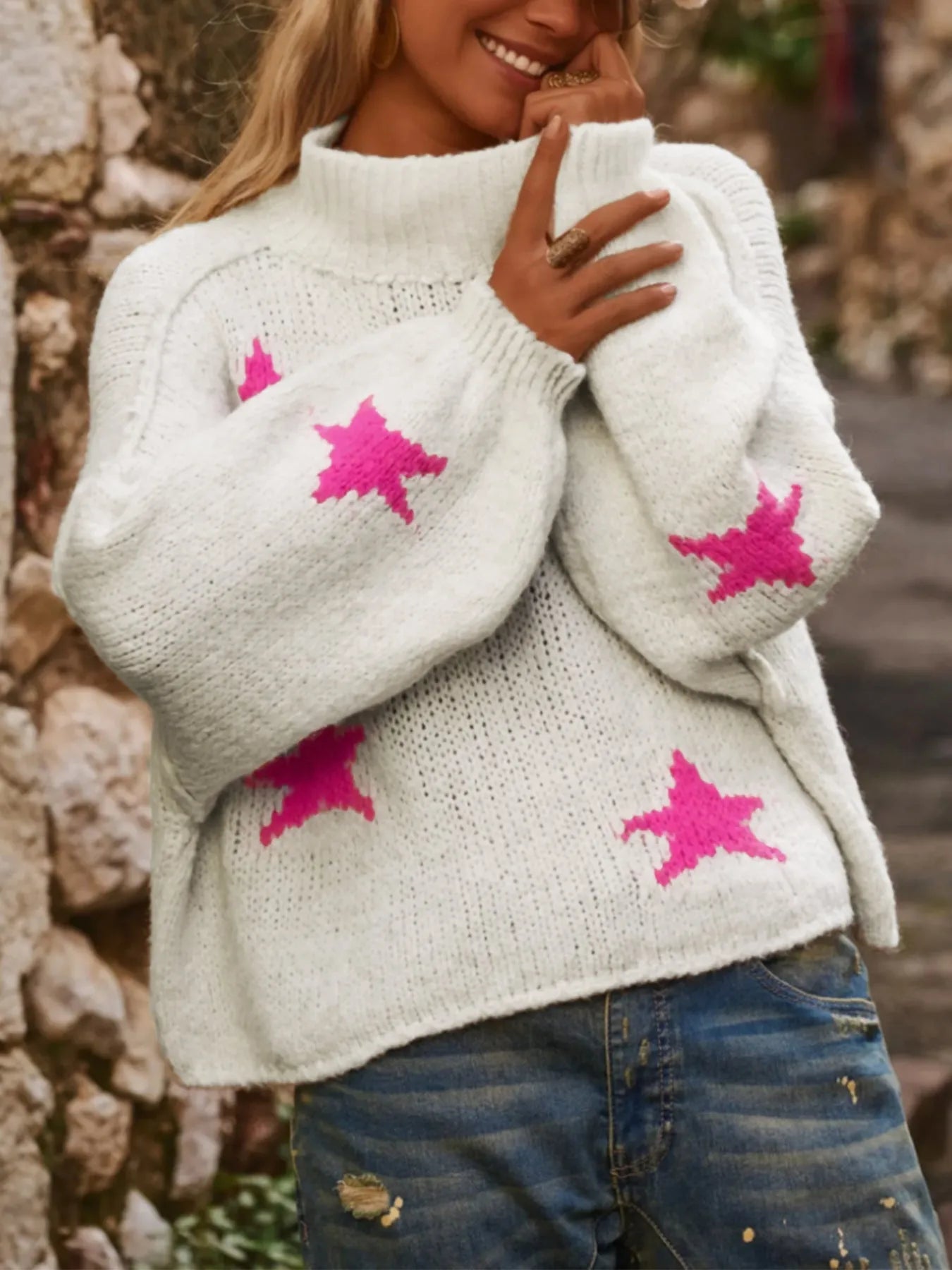 White women's turtleneck pullover with five-pointed star pattern and velvet-like fabric