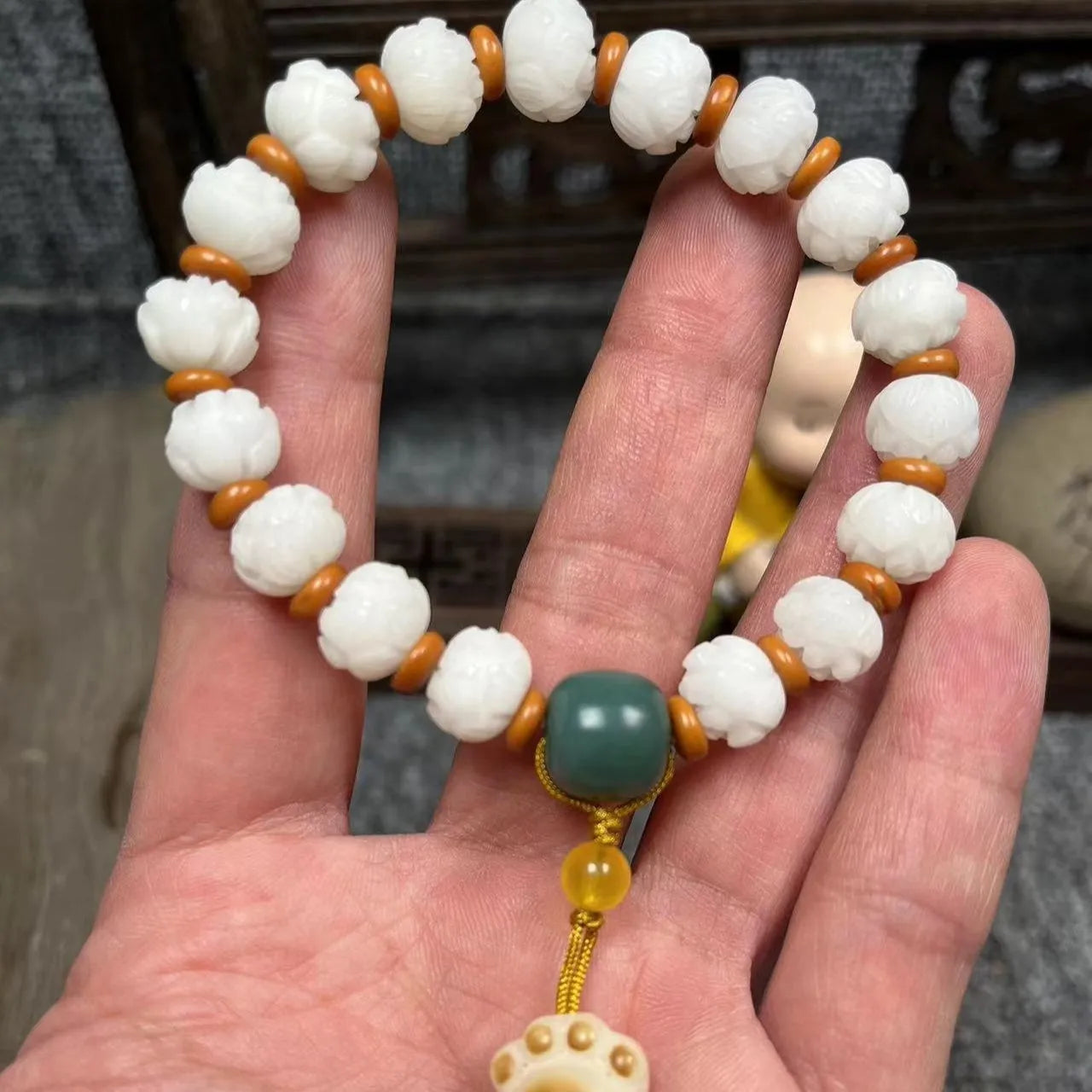 Carved bodhi root pumpkin lotus bracelet with white jade beads and mixed sizing