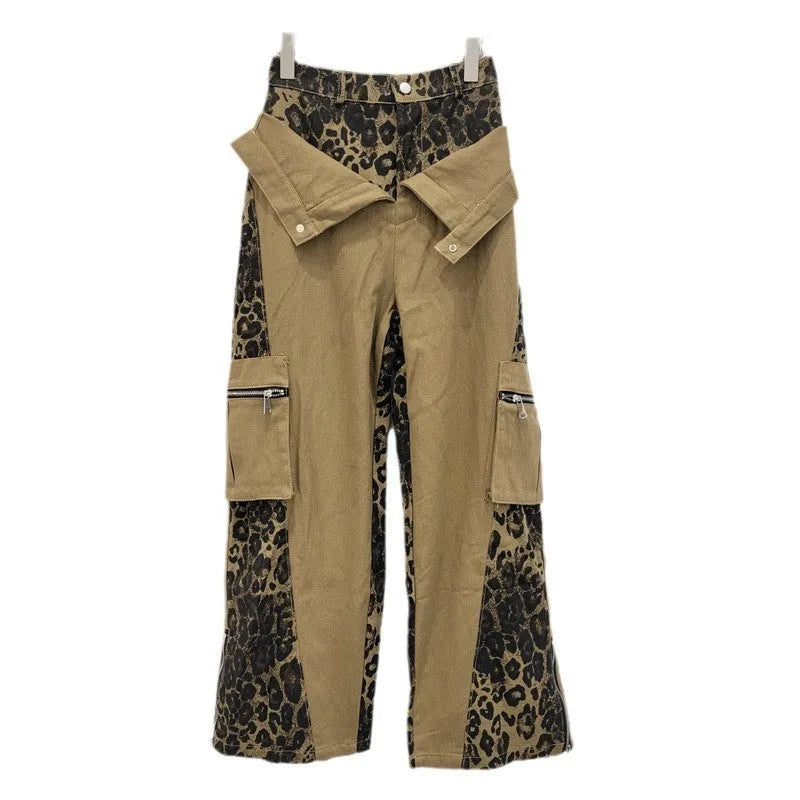Retro high waist straight leg jeans in leopard print dark khaki with fake two-tone stitching detail