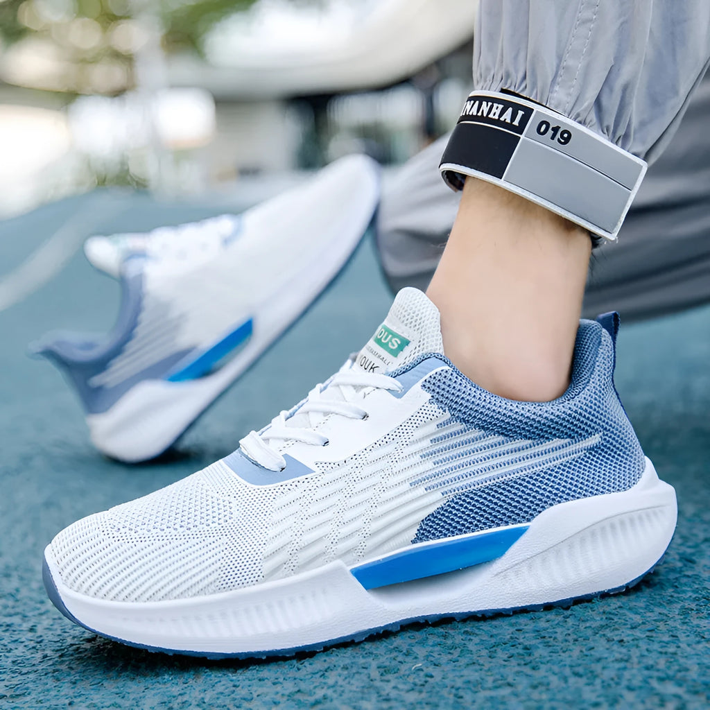 Men's blue casual sports mesh shoes with round toe design and cloth upper