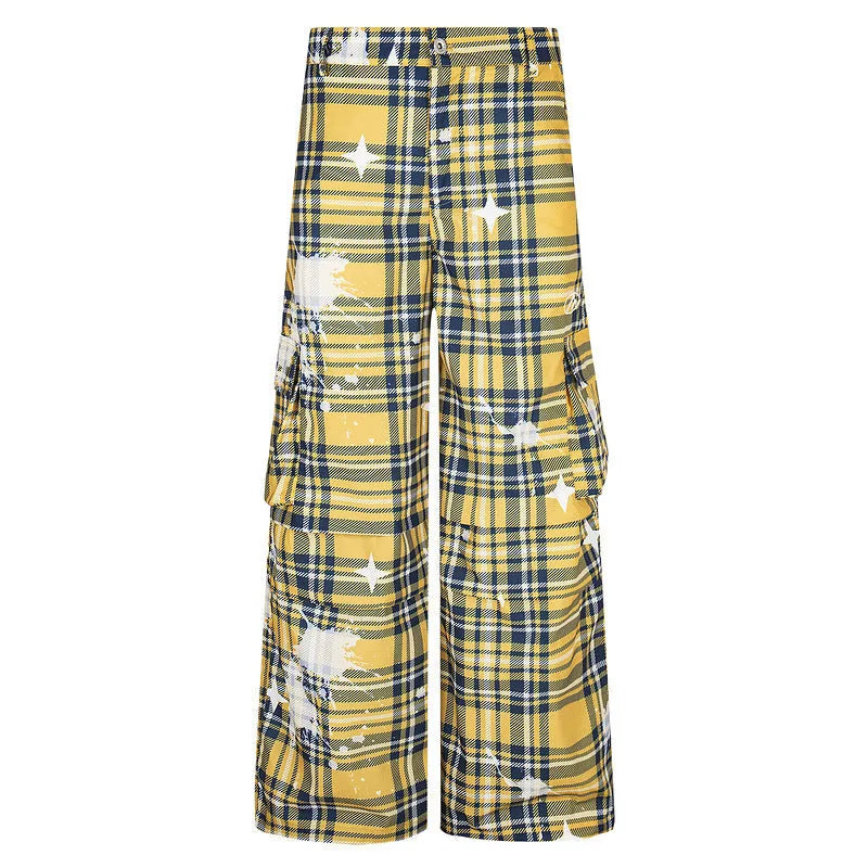 Men's blue plaid casual trousers with loose straight-leg design and mid-waist fit