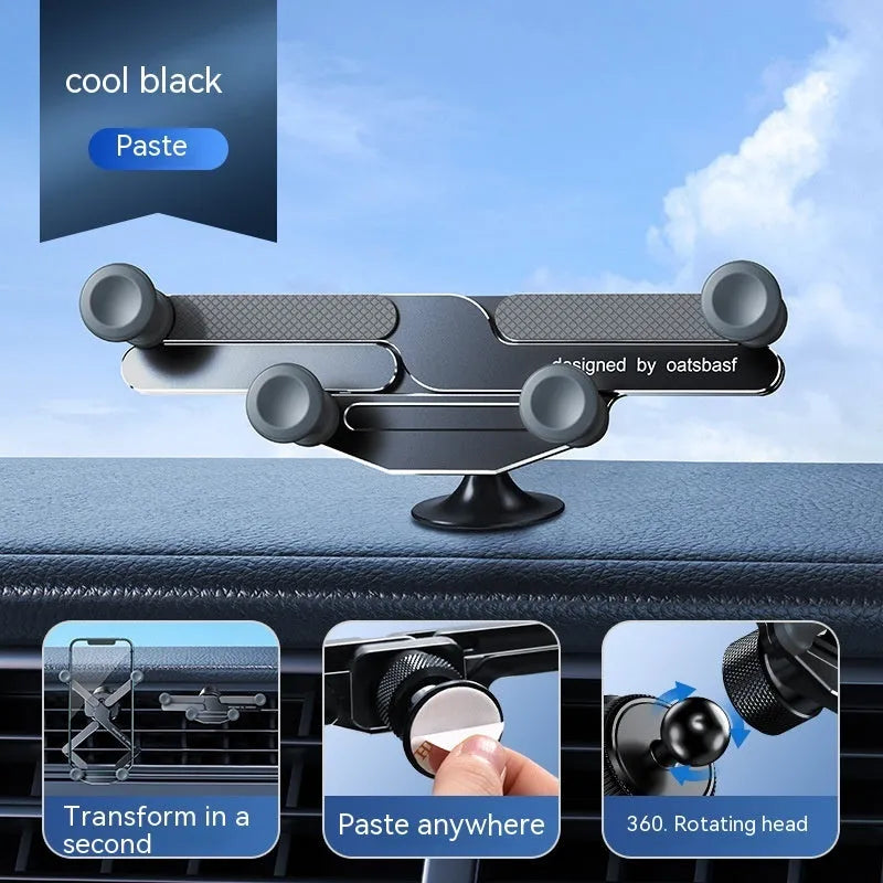 Aluminium alloy car mobile phone holder bracket showing snap-on mounting mechanism for air vent or surface installation