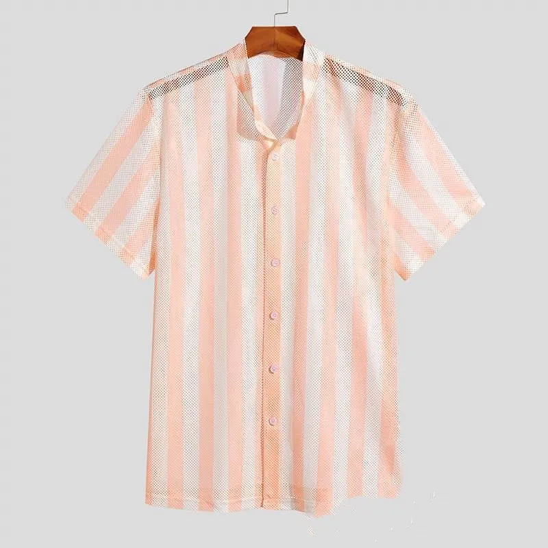Pink loose-fit men's cardigan shirt with waffle texture fabric on a hanger.