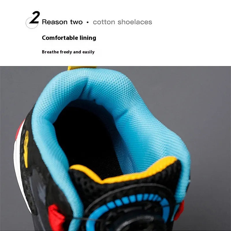 Kids rotating button running shoes in synthetic leather with waterproof lightweight design available in multiple colours and sizes 28-40