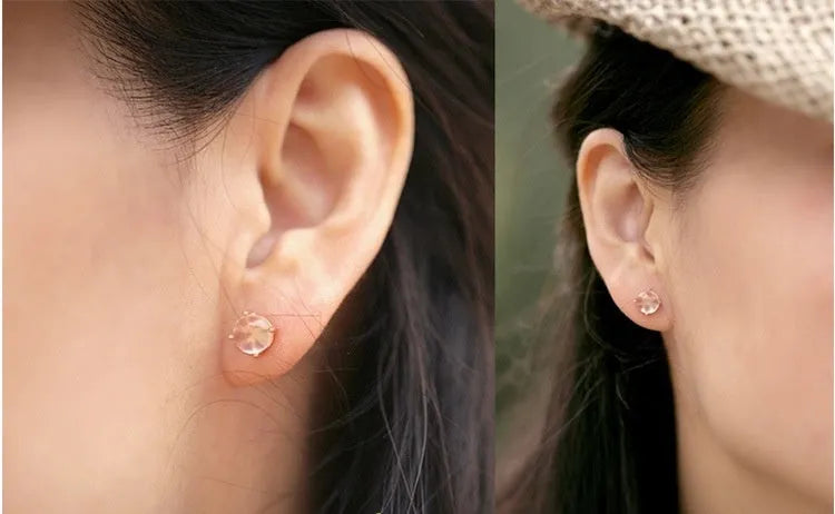 Women's rose gold drop shape stud earrings with synthetic ross quartz detailing and Korean style design
