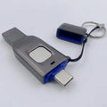 Black and silver grey metal fingerprint encrypted USB flash drive with USB-C and USB 3.0 ports.